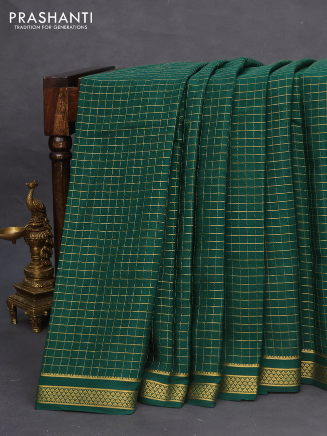 Pure mysore silk saree dark green with allover zari checked pattern and zari woven border