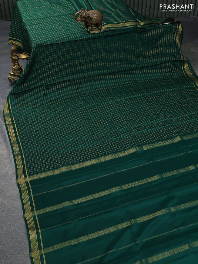 Pure mysore silk saree dark green with allover zari checked pattern and zari woven border