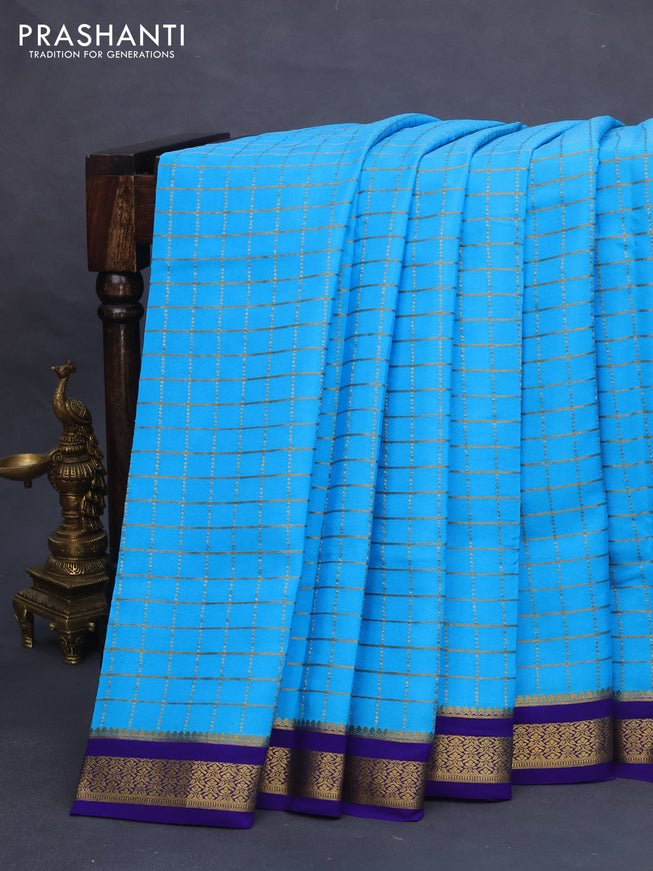 Pure mysore silk saree light blue and blue with allover zari checked pattern and zari woven border