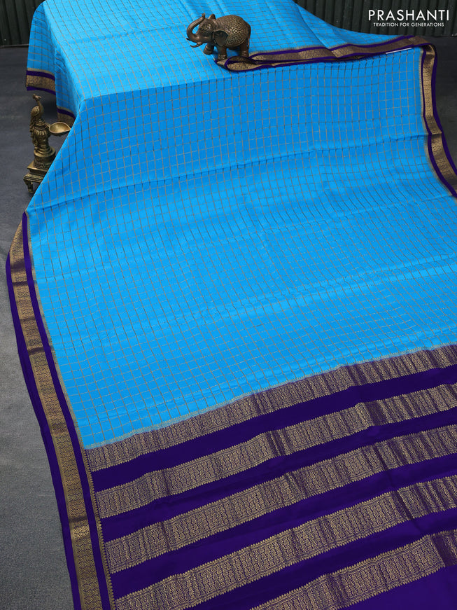 Pure mysore silk saree light blue and blue with allover zari checked pattern and zari woven border