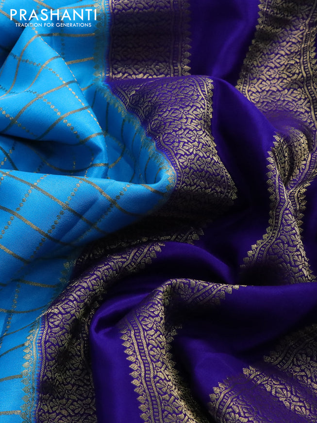 Pure mysore silk saree light blue and blue with allover zari checked pattern and zari woven border