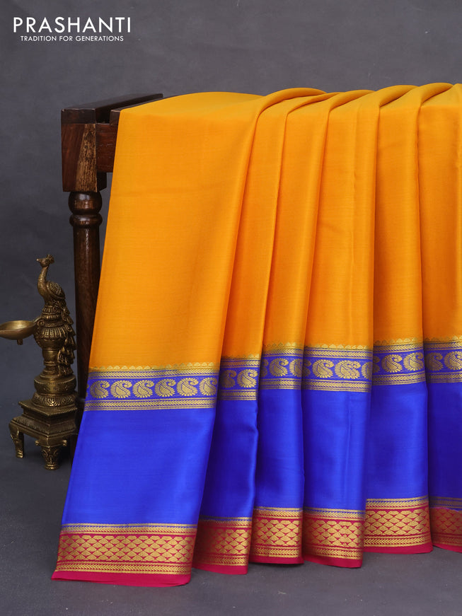 Pure mysore silk saree mango yellow and blue magenta pink with plain body and long rettepet zari woven border