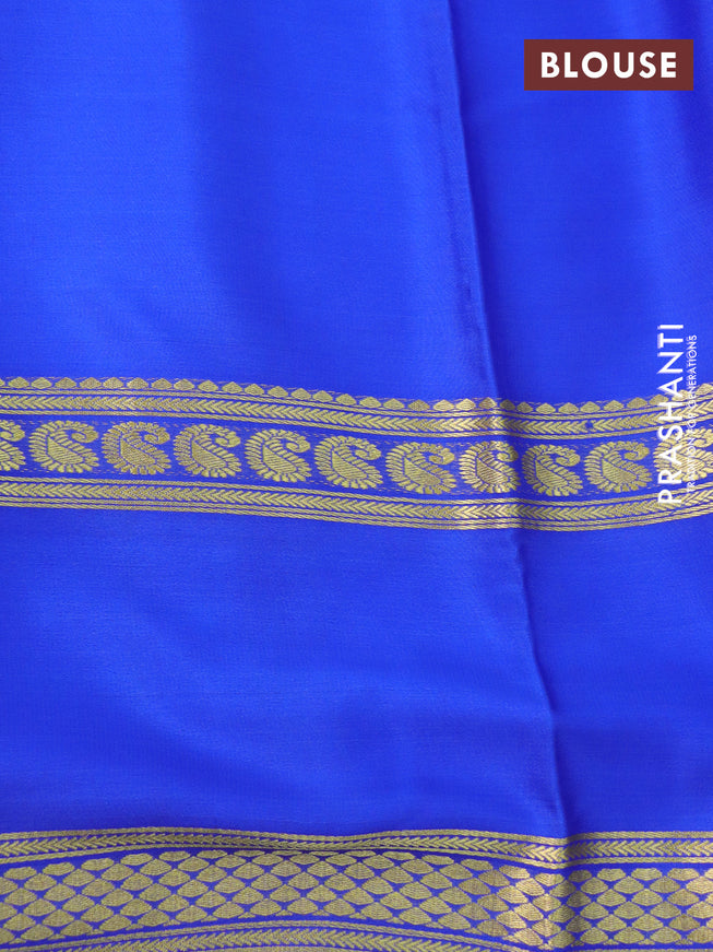 Pure mysore silk saree mango yellow and blue magenta pink with plain body and long rettepet zari woven border