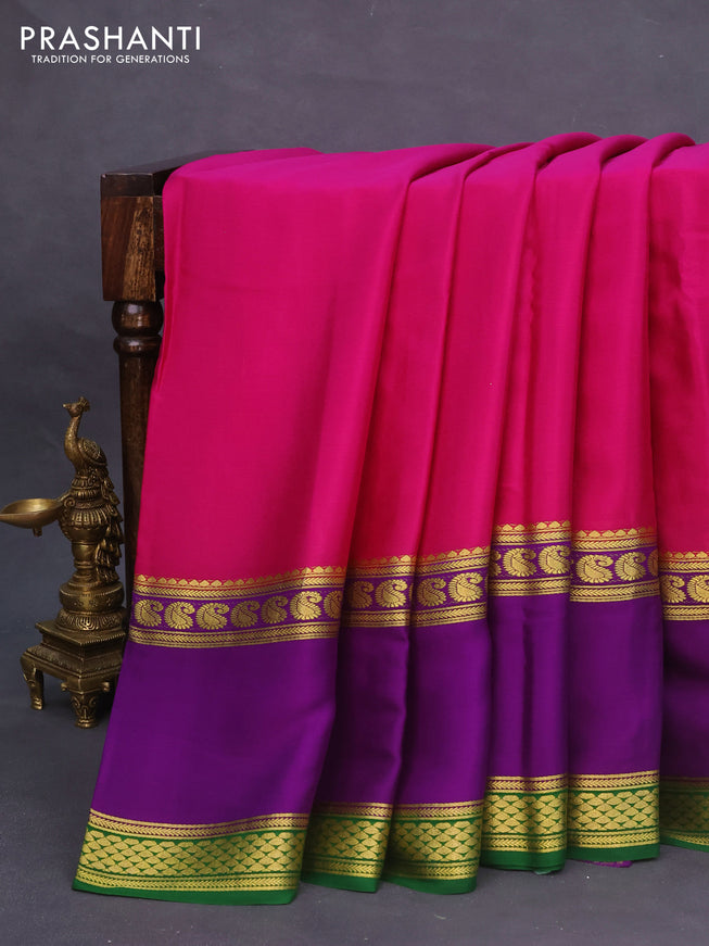 Pure mysore silk saree dark pink and violet green with plain body and long rettepet zari woven border