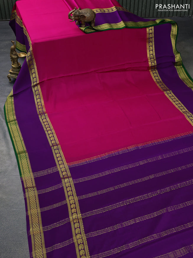 Pure mysore silk saree dark pink and violet green with plain body and long rettepet zari woven border