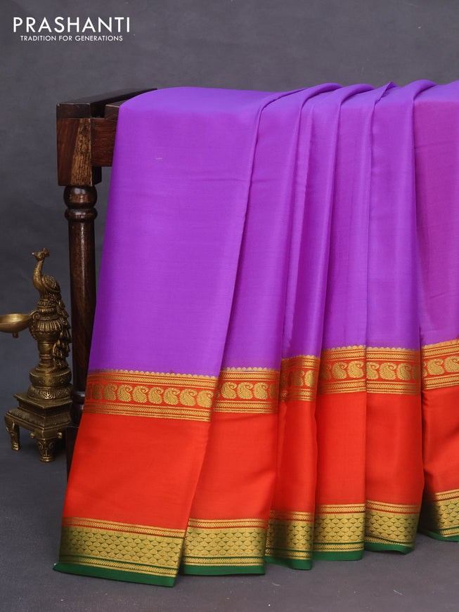 Pure mysore silk saree lavender shade and orange green with plain body and long rettepet zari woven border