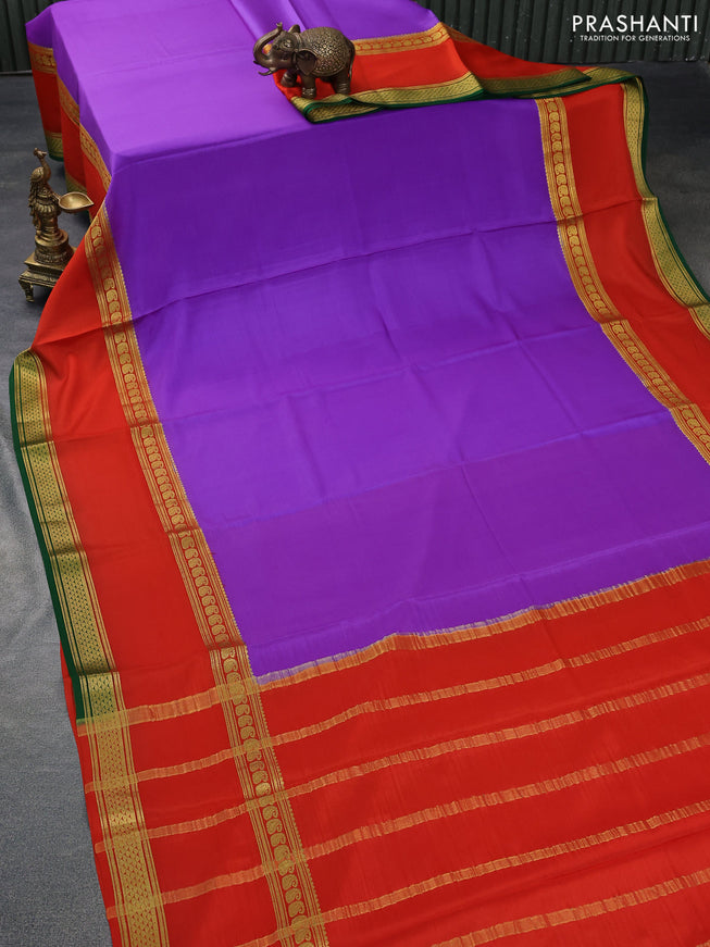 Pure mysore silk saree lavender shade and orange green with plain body and long rettepet zari woven border