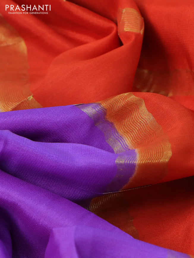 Pure mysore silk saree lavender shade and orange green with plain body and long rettepet zari woven border