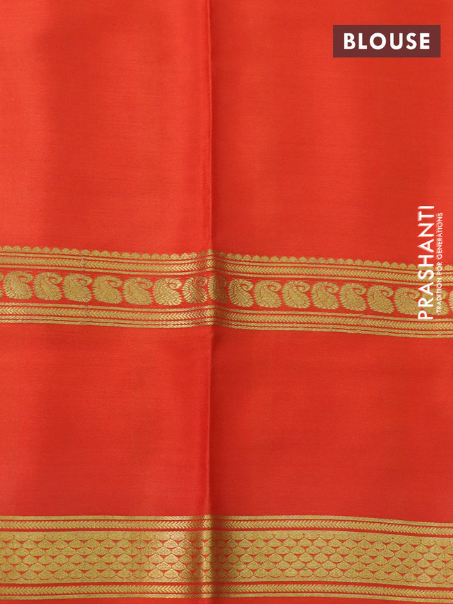 Pure mysore silk saree lavender shade and orange green with plain body and long rettepet zari woven border