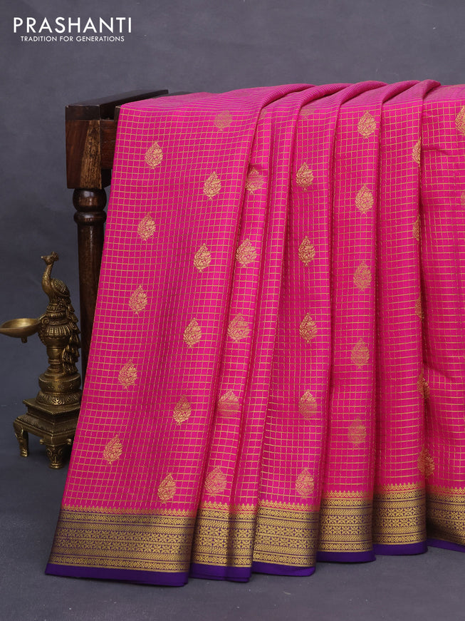 Pure mysore silk saree pink and violet with allover zari checks & buttas and zari woven border