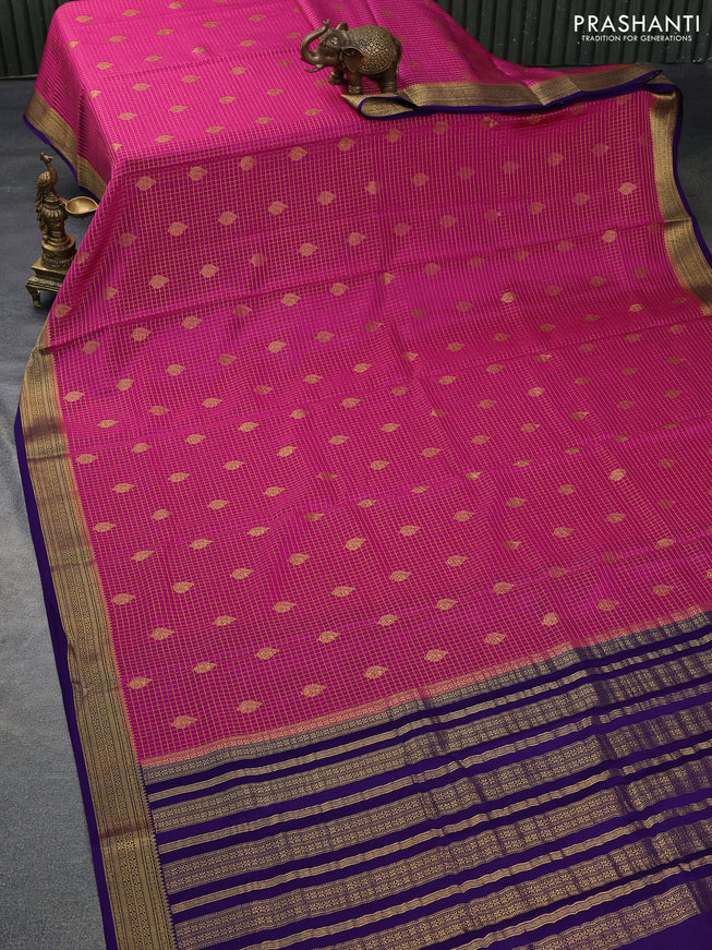 Pure mysore silk saree pink and violet with allover zari checks & buttas and zari woven border