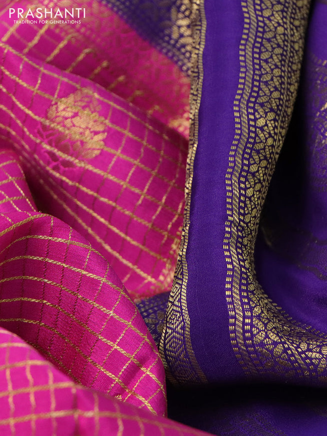 Pure mysore silk saree pink and violet with allover zari checks & buttas and zari woven border