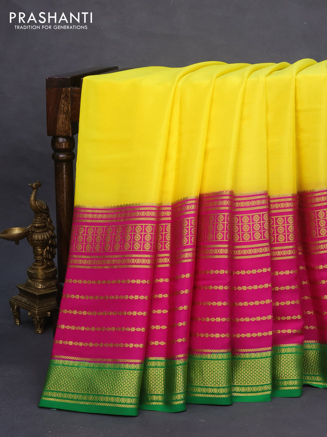 Pure mysore silk saree yellow and pink green with plain body and long zari woven border