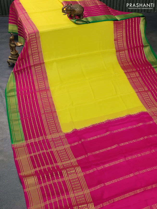 Pure mysore silk saree yellow and pink green with plain body and long zari woven border