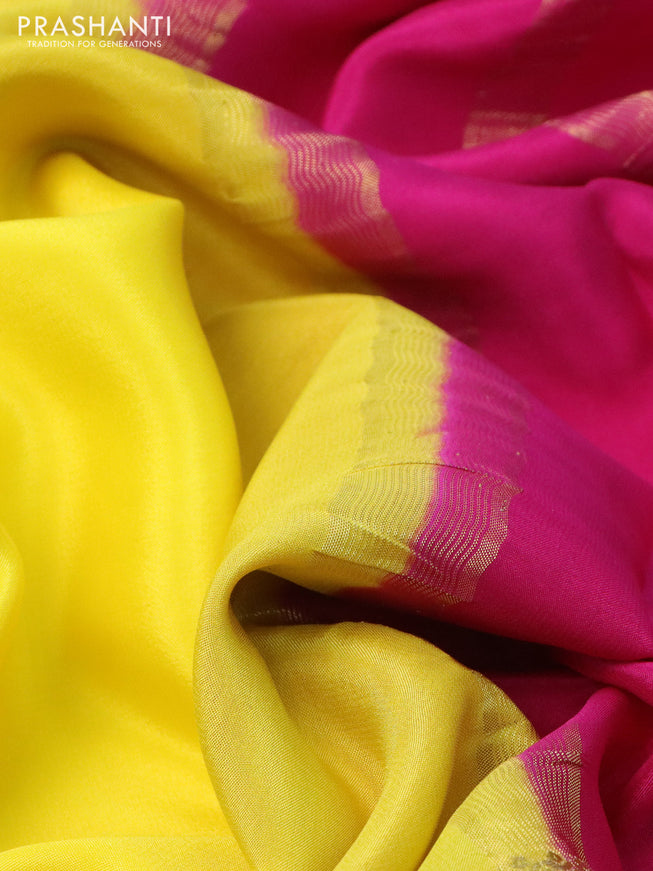 Pure mysore silk saree yellow and pink green with plain body and long zari woven border