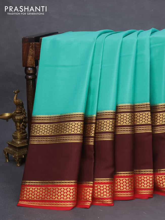 Pure mysore silk saree teal blue and deep maroon with plain body and zari woven border