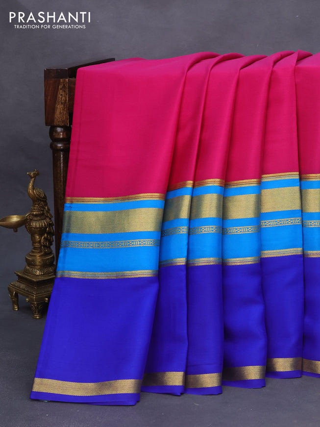 Pure mysore silk saree pink and blue with plain body and long rettapet zari woven border