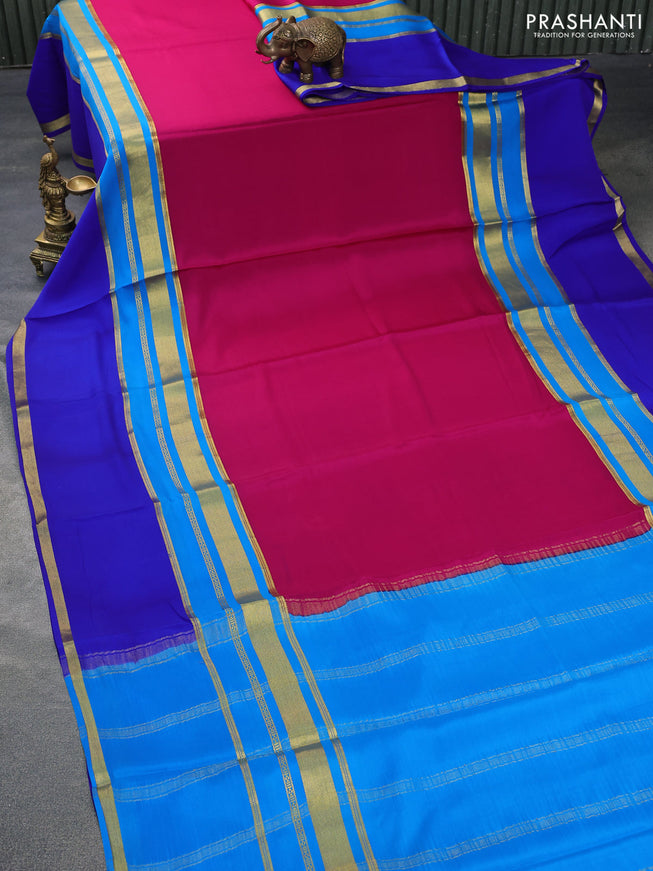 Pure mysore silk saree pink and blue with plain body and long rettapet zari woven border