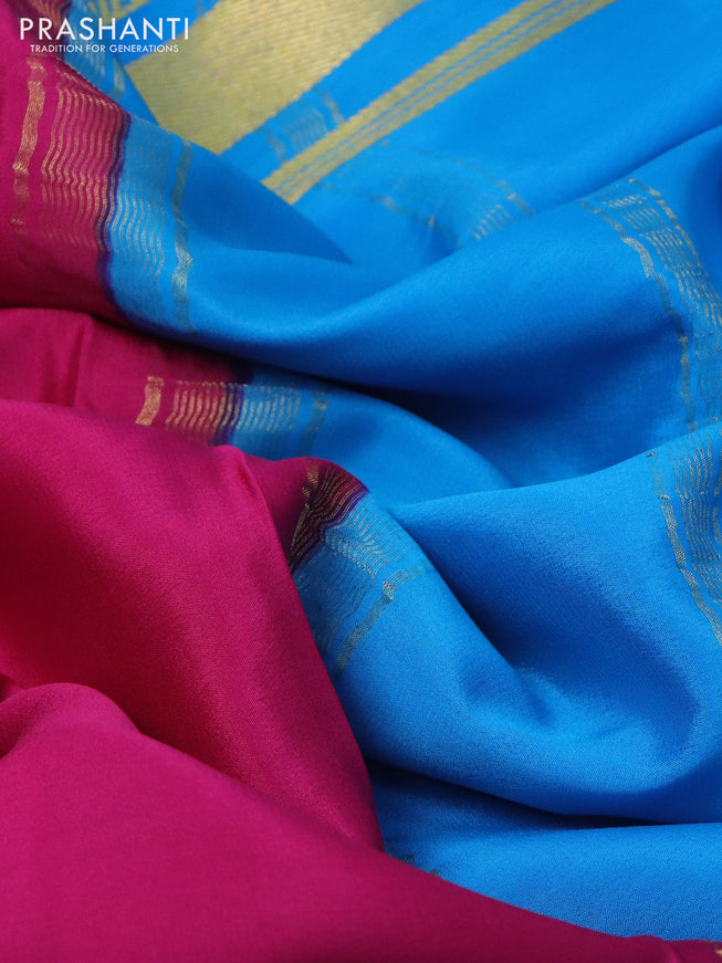 Pure mysore silk saree pink and blue with plain body and long rettapet zari woven border