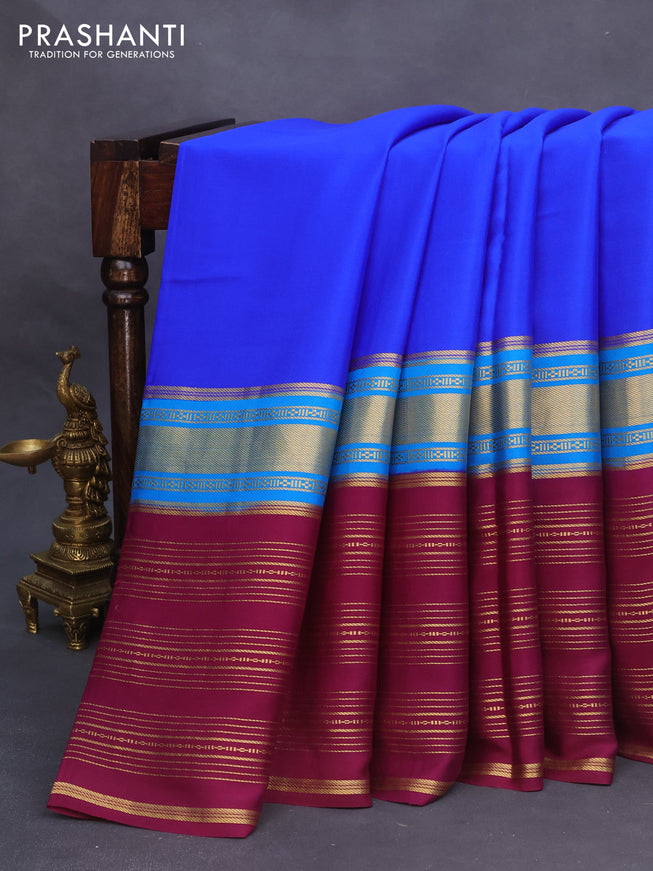 Pure mysore silk saree royal blue and purple with plain body and long zari woven border