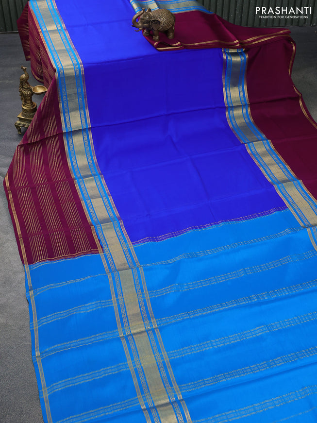 Pure mysore silk saree royal blue and purple with plain body and long zari woven border