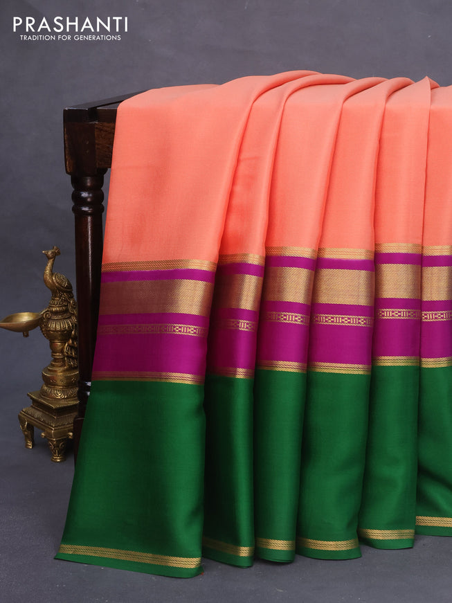 Pure mysore silk saree peach orange and purple green with plain body and long zari woven border