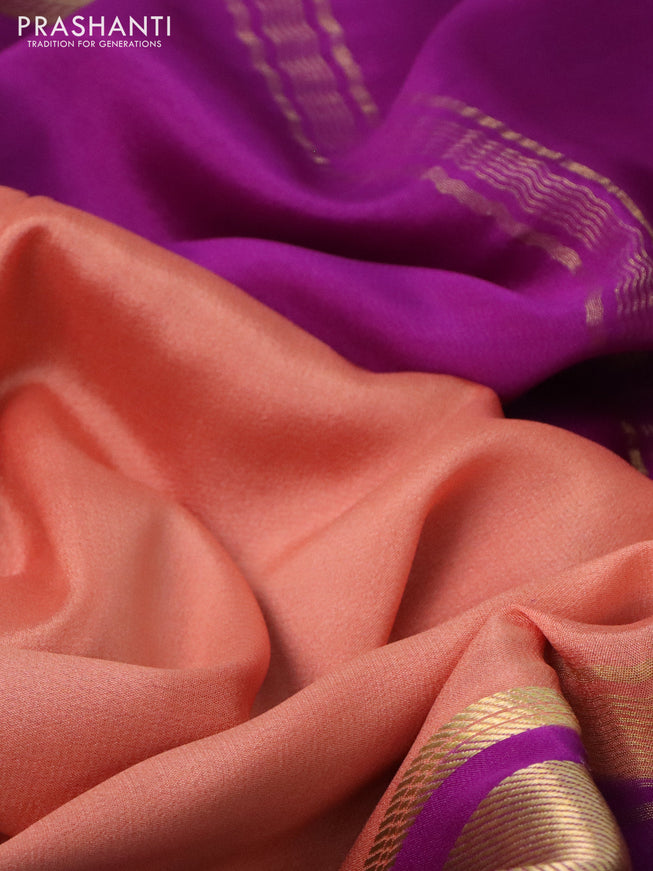 Pure mysore silk saree peach orange and purple green with plain body and long zari woven border