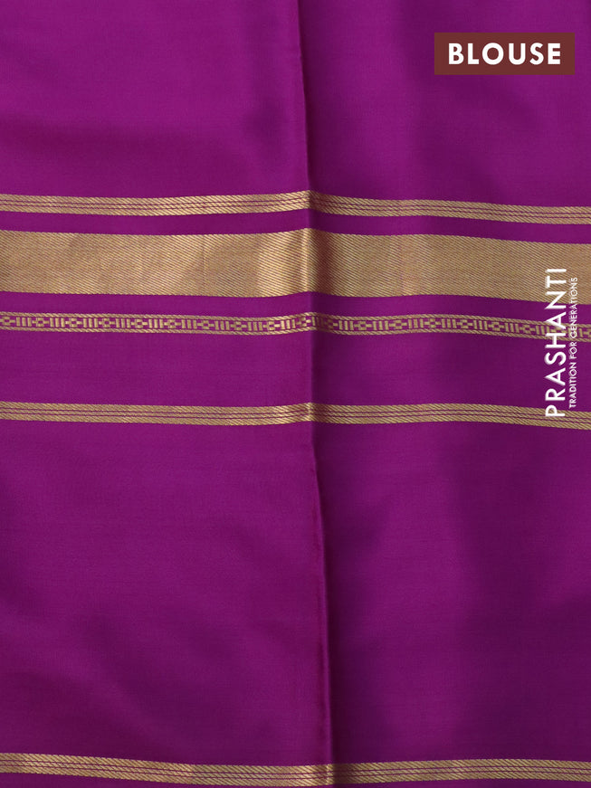 Pure mysore silk saree peach orange and purple green with plain body and long zari woven border