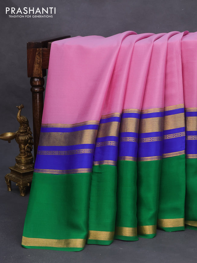 Pure mysore silk saree pastel pink and blue green with plain body and long zari woven border