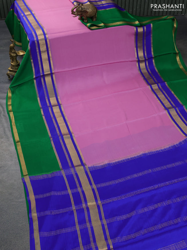 Pure mysore silk saree pastel pink and blue green with plain body and long zari woven border