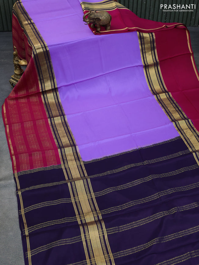 Pure mysore silk saree lavender shade and dark blue pink with plain body and long zari woven border