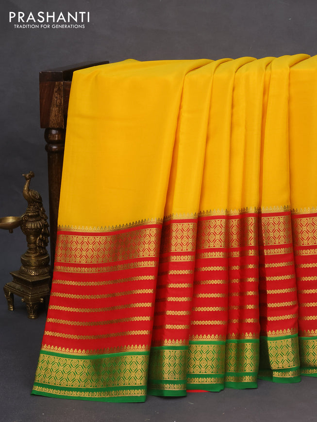 Pure mysore silk saree mango yellow and red green with plain body and long zari woven border