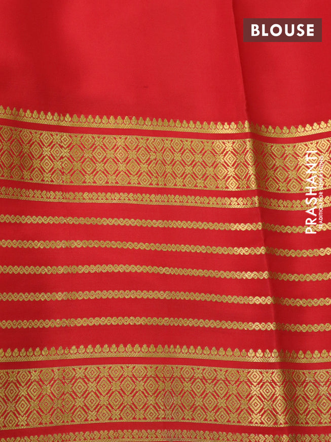 Pure mysore silk saree mango yellow and red green with plain body and long zari woven border