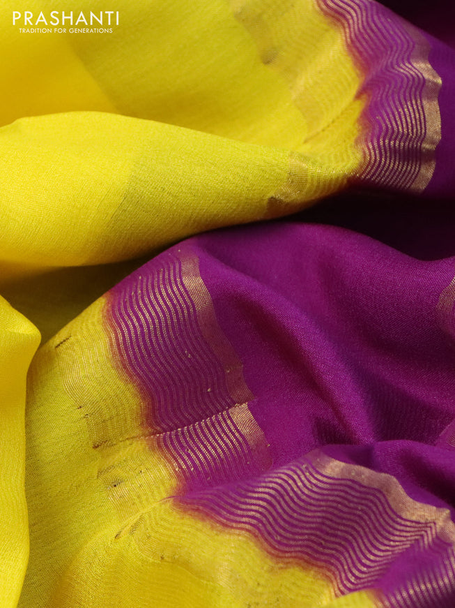 Pure mysore silk saree yellow and deep purple green with plain body and rettapet zari woven border