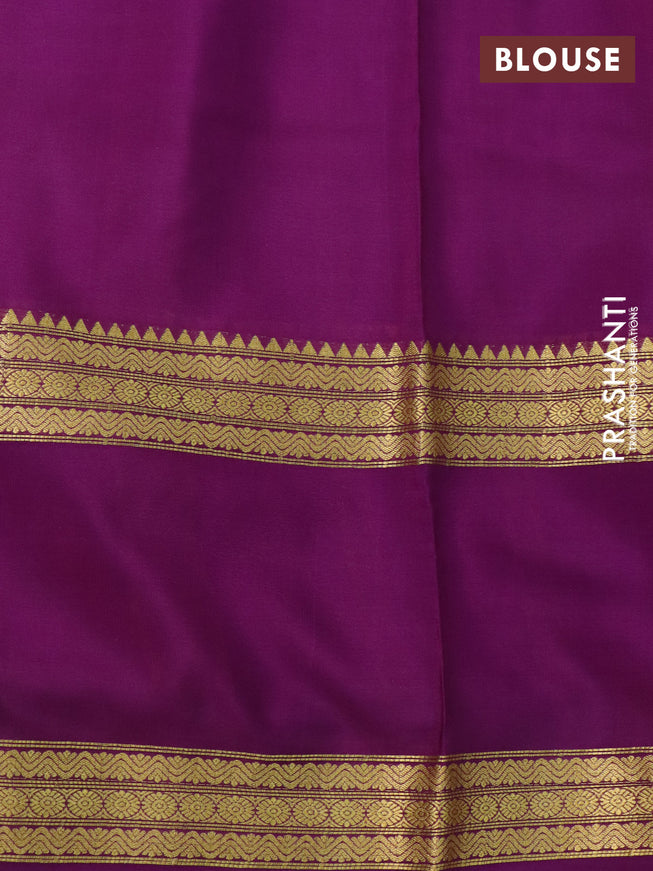 Pure mysore silk saree yellow and deep purple green with plain body and rettapet zari woven border