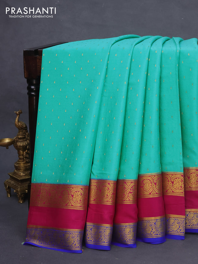 Pure mysore silk saree teal blue and pink blue with zari woven buttas and rettapet zari woven border