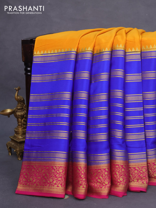 Pure mysore silk saree mango yellow and royal blue pink with allover zari weaves and long zari woven border