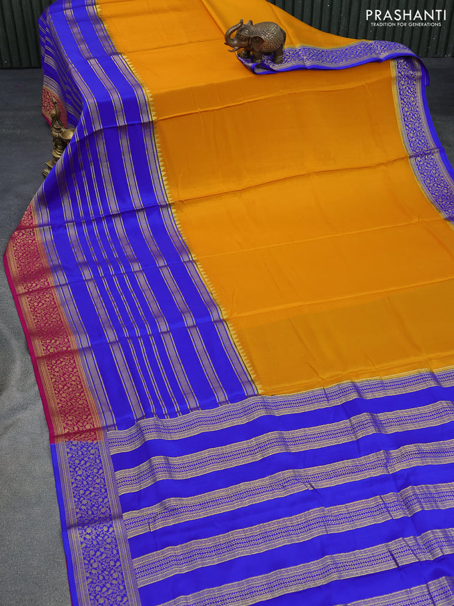 Pure mysore silk saree mango yellow and royal blue pink with allover zari weaves and long zari woven border