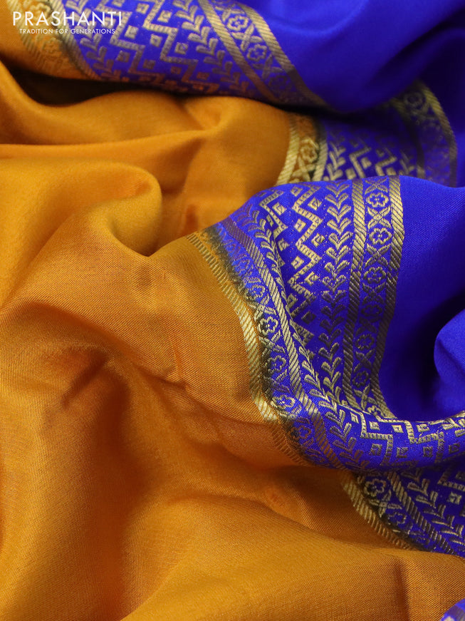 Pure mysore silk saree mango yellow and royal blue pink with allover zari weaves and long zari woven border