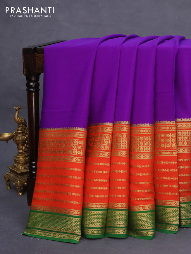 Pure mysore silk saree violet and orange green with plain body and long zari woven border