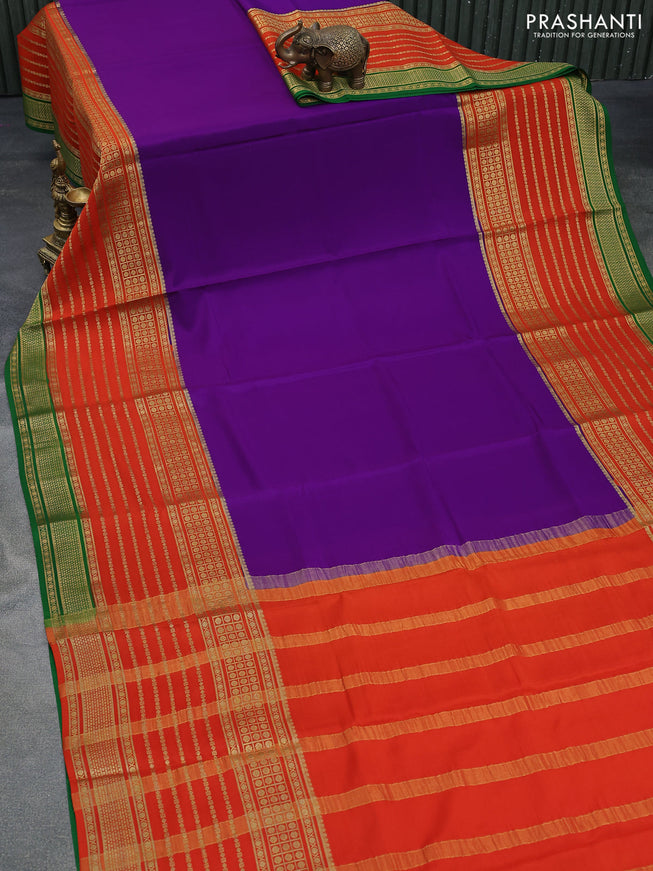 Pure mysore silk saree violet and orange green with plain body and long zari woven border