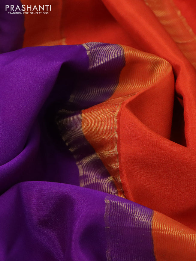 Pure mysore silk saree violet and orange green with plain body and long zari woven border