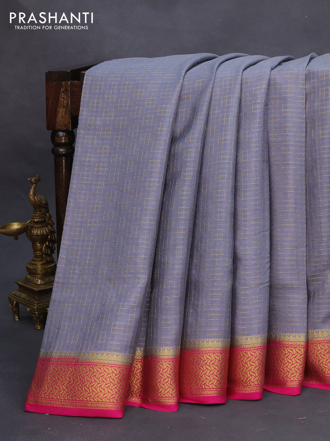 Pure mysore silk saree grey and pink with allover zari woven checked pattern and zari woven border