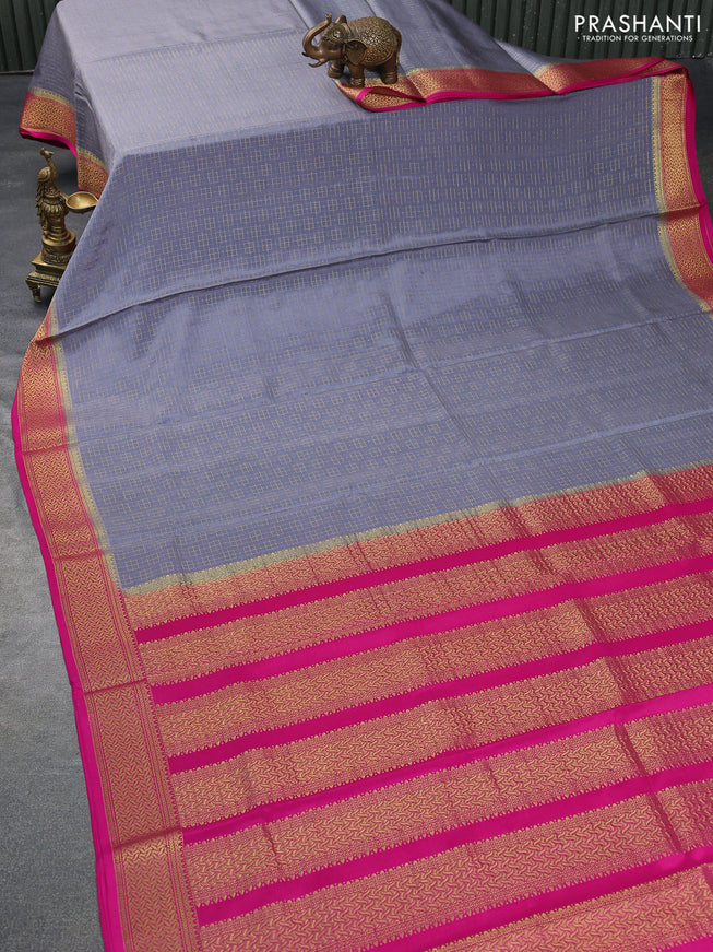 Pure mysore silk saree grey and pink with allover zari woven checked pattern and zari woven border