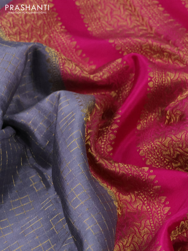 Pure mysore silk saree grey and pink with allover zari woven checked pattern and zari woven border