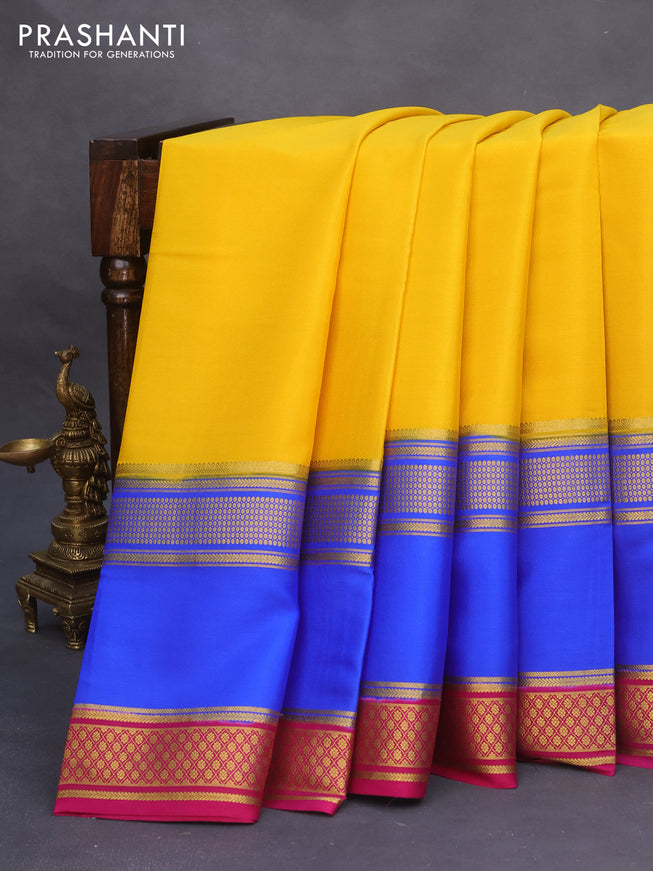 Pure mysore silk saree yellow and royal blue pink with plain body and rettapet zari woven border