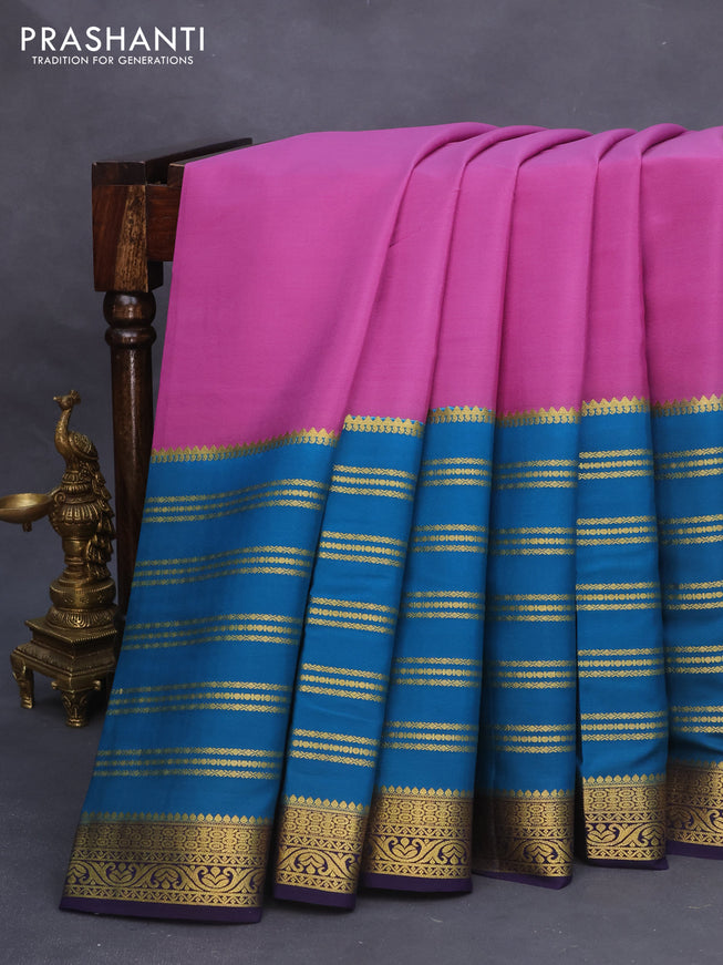 Pure mysore silk saree purple and peacock blue with plain body and long zari woven border