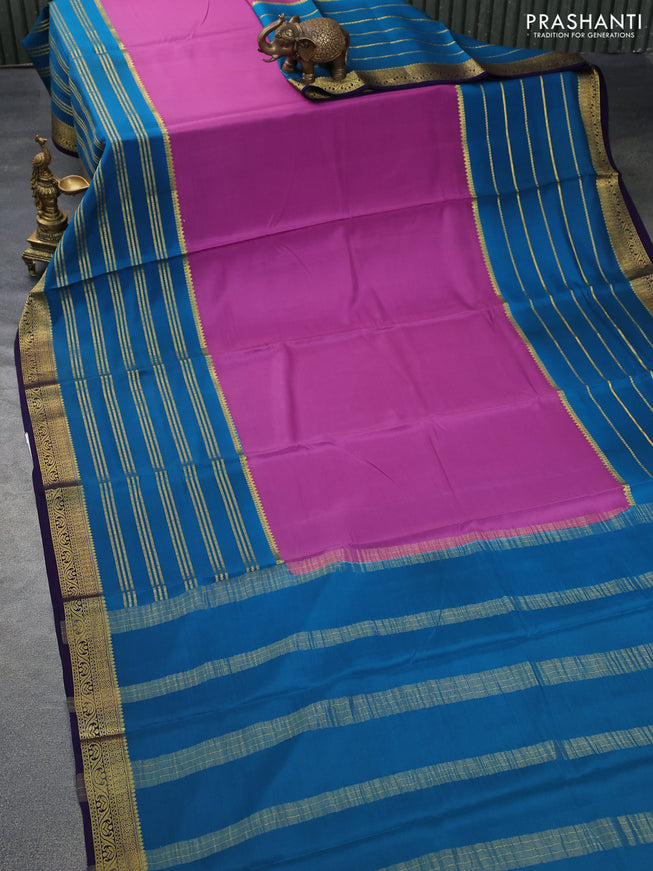 Pure mysore silk saree purple and peacock blue with plain body and long zari woven border