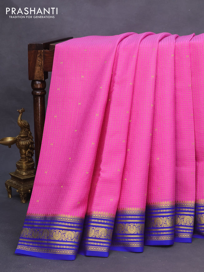 Pure mysore silk saree pink and blue with allover small zari checked pattern and zari woven border