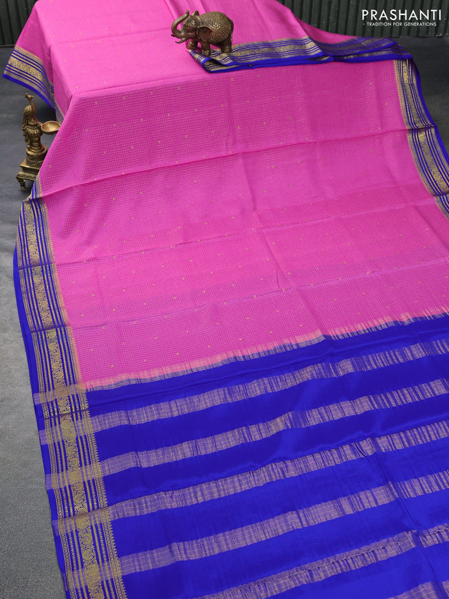 Pure mysore silk saree pink and blue with allover small zari checked pattern and zari woven border